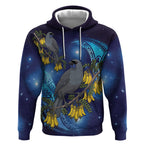 New Zealand Kokako Bird Hoodie Kowhai Galaxy Style Polynesian Pattern