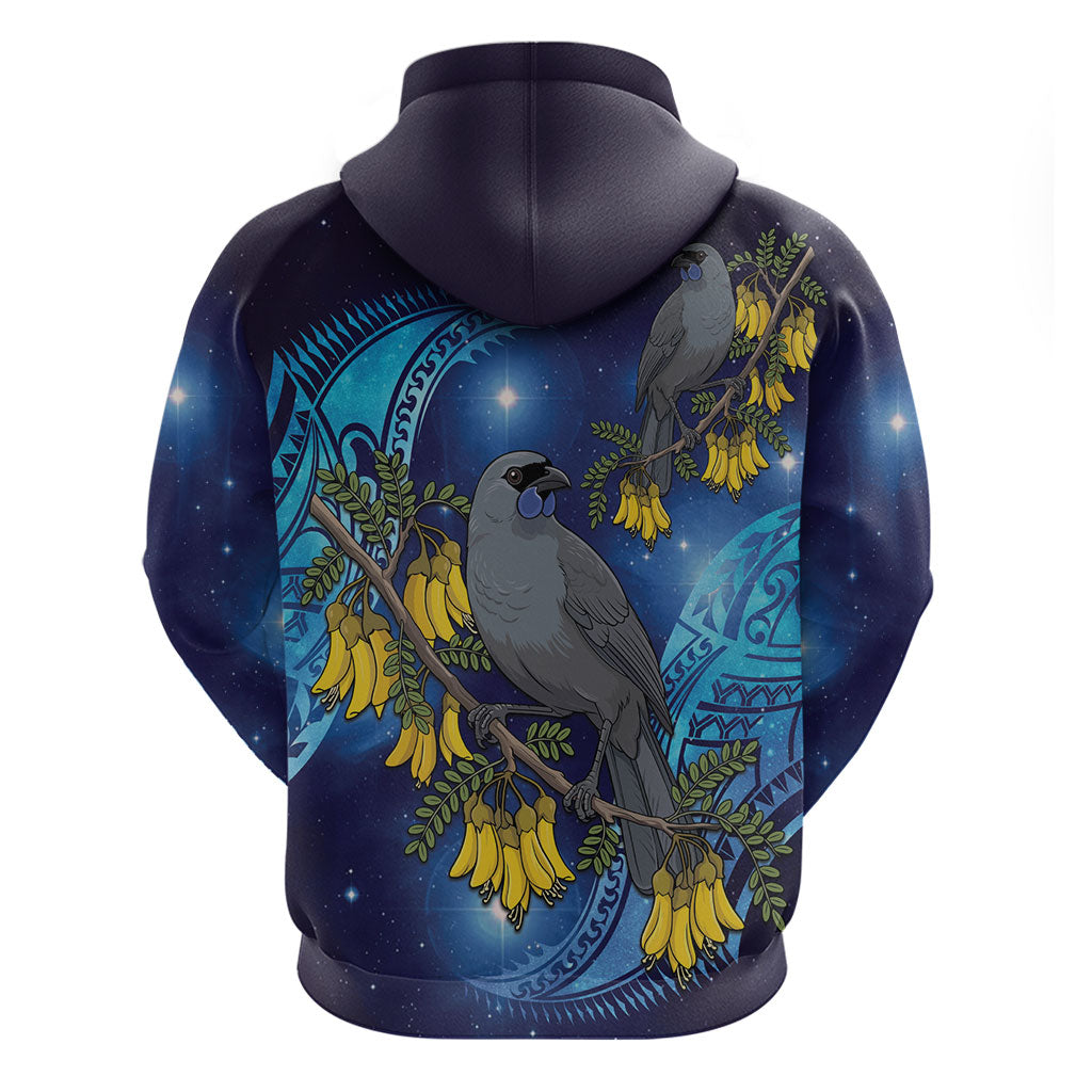 New Zealand Kokako Bird Hoodie Kowhai Galaxy Style Polynesian Pattern