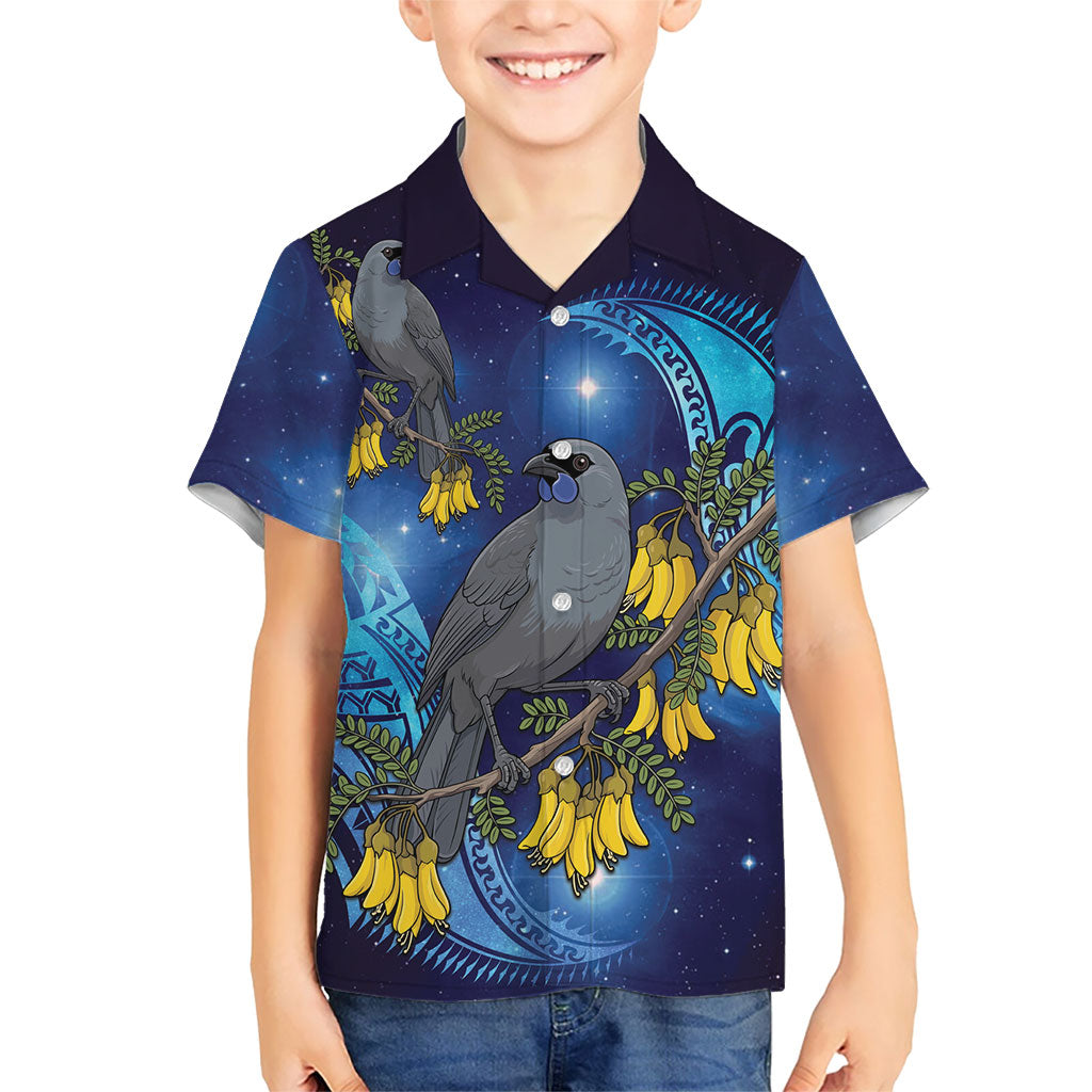 New Zealand Kokako Bird Kid Hawaiian Shirt Kowhai Galaxy Style Polynesian Pattern