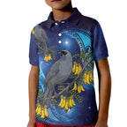 New Zealand Kokako Bird Kid Polo Shirt Kowhai Galaxy Style Polynesian Pattern