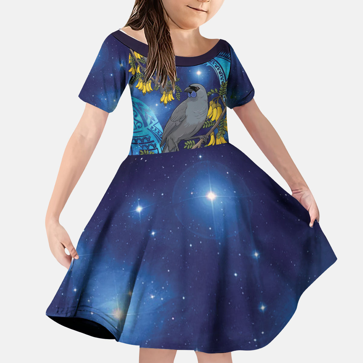 New Zealand Kokako Bird Kid Short Sleeve Dress Kowhai Galaxy Style Polynesian Pattern