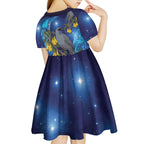 New Zealand Kokako Bird Kid Short Sleeve Dress Kowhai Galaxy Style Polynesian Pattern