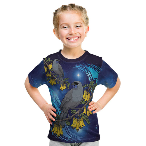 New Zealand Kokako Bird Kid T Shirt Kowhai Galaxy Style Polynesian Pattern