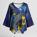 New Zealand Kokako Bird Kimono Sleeve Blouse Kowhai Galaxy Style Polynesian Pattern