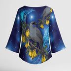 New Zealand Kokako Bird Kimono Sleeve Blouse Kowhai Galaxy Style Polynesian Pattern