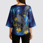 New Zealand Kokako Bird Kimono Sleeve Blouse Kowhai Galaxy Style Polynesian Pattern