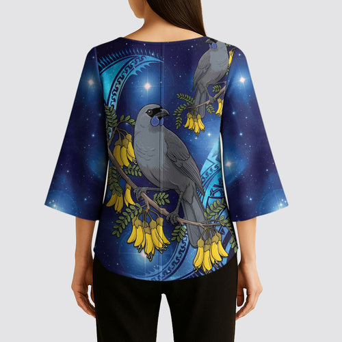 New Zealand Kokako Bird Kimono Sleeve Blouse Kowhai Galaxy Style Polynesian Pattern