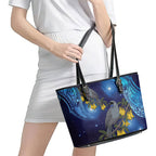 New Zealand Kokako Bird Leather Tote Bag Kowhai Galaxy Style Polynesian Pattern