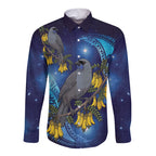 New Zealand Kokako Bird Long Sleeve Button Shirt Kowhai Galaxy Style Polynesian Pattern