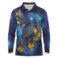 New Zealand Kokako Bird Long Sleeve Polo Shirt Kowhai Galaxy Style Polynesian Pattern