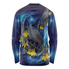 New Zealand Kokako Bird Long Sleeve Shirt Kowhai Galaxy Style Polynesian Pattern