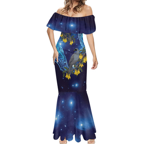 New Zealand Kokako Bird Mermaid Dress Kowhai Galaxy Style Polynesian Pattern