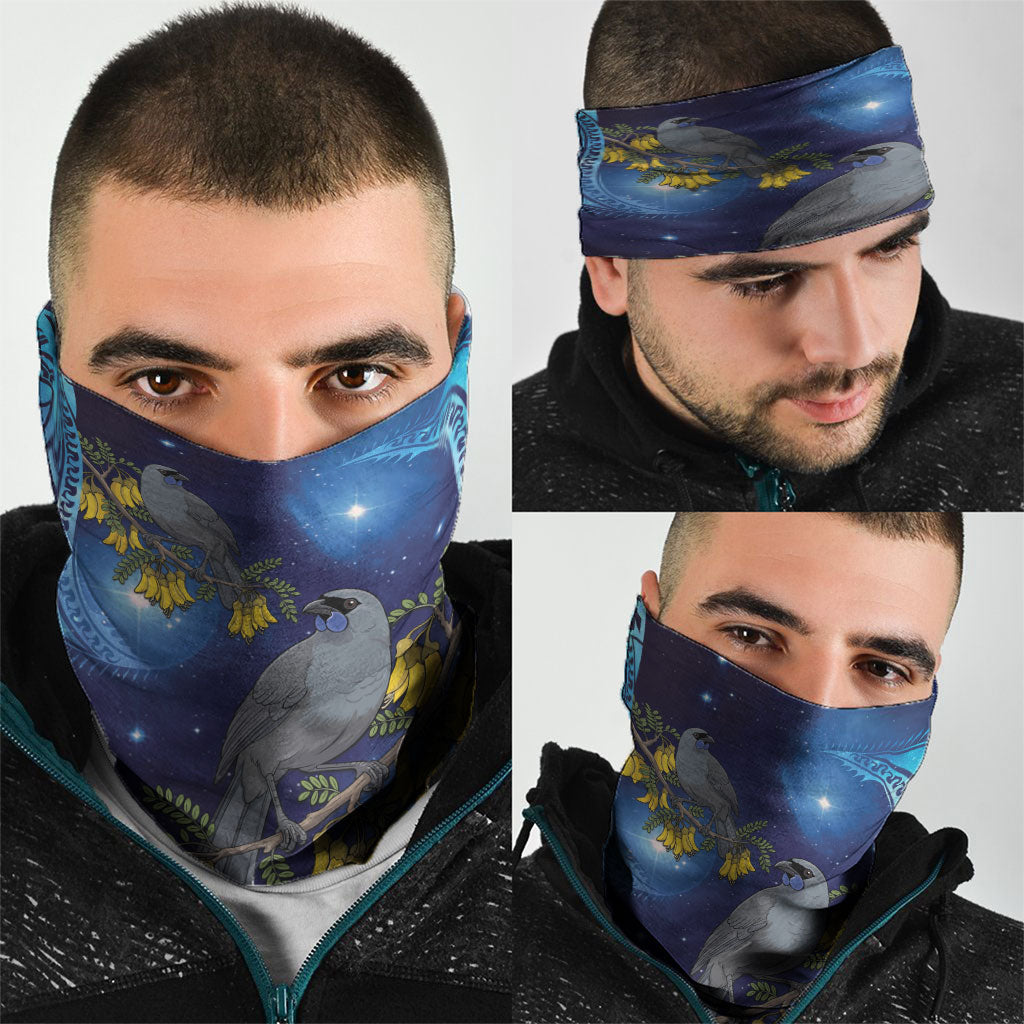 New Zealand Kokako Bird Neck Gaiter Kowhai Galaxy Style Polynesian Pattern