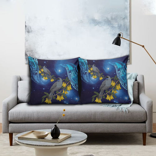New Zealand Kokako Bird Pillow Cover Kowhai Galaxy Style Polynesian Pattern