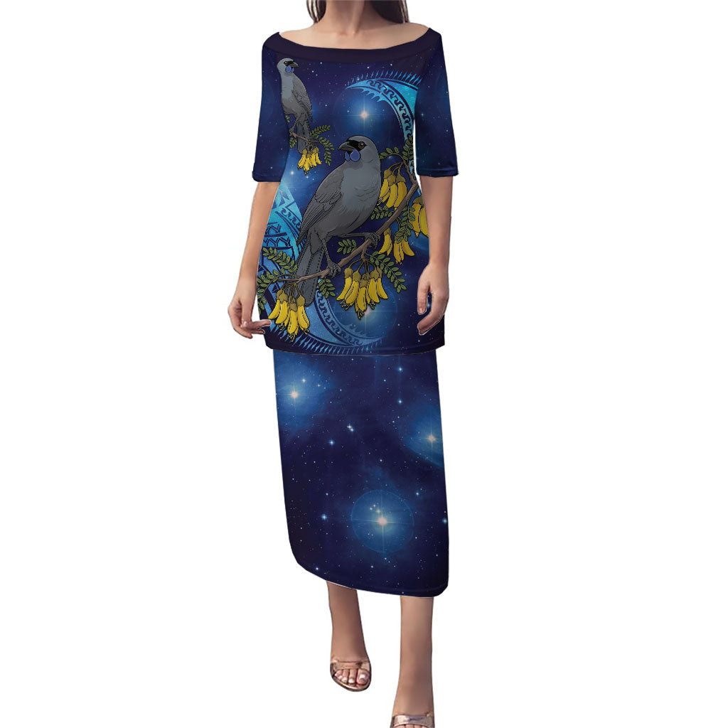 New Zealand Kokako Bird Puletasi Kowhai Galaxy Style Polynesian Pattern