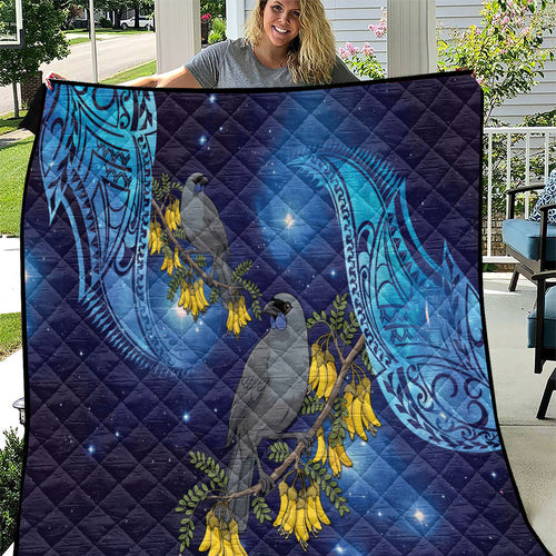 New Zealand Kokako Bird Quilt Kowhai Galaxy Style Polynesian Pattern