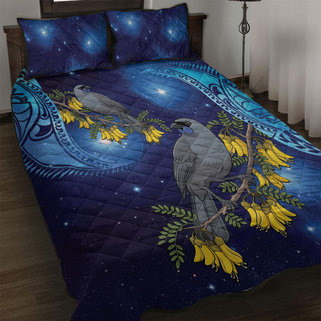 New Zealand Kokako Bird Quilt Bed Set Kowhai Galaxy Style Polynesian Pattern