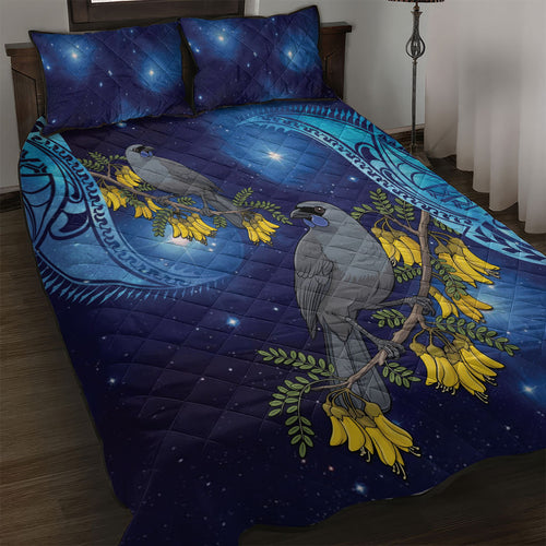 New Zealand Kokako Bird Quilt Bed Set Kowhai Galaxy Style Polynesian Pattern