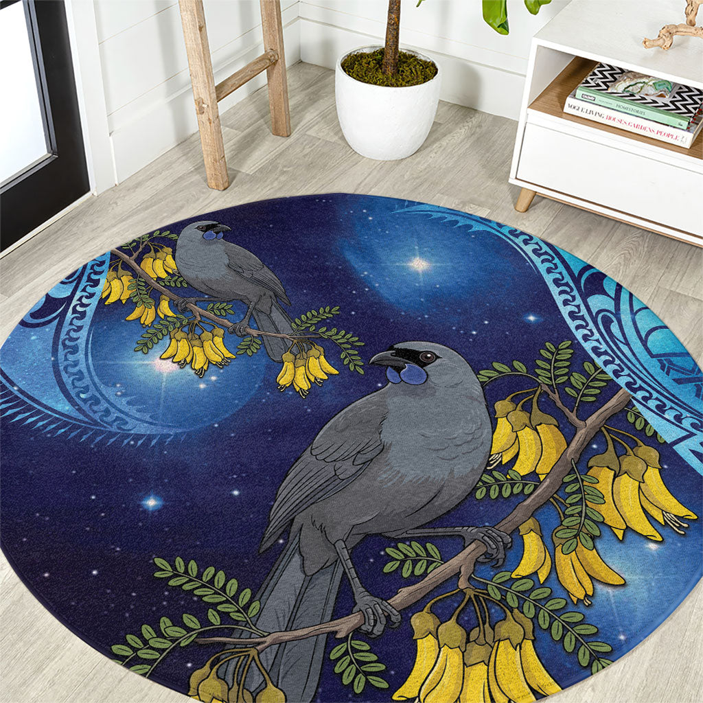 New Zealand Kokako Bird Round Carpet Kowhai Galaxy Style Polynesian Pattern