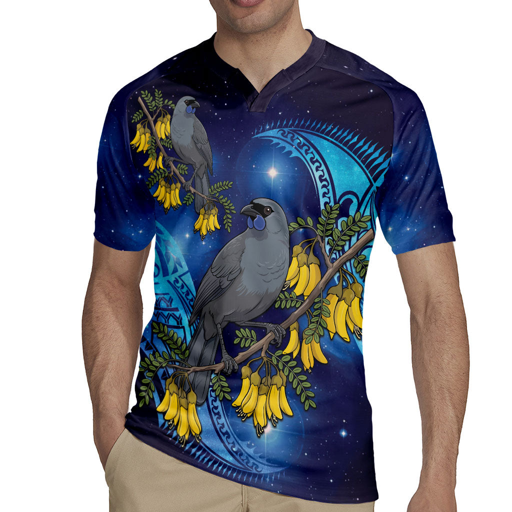 New Zealand Kokako Bird Rugby Jersey Kowhai Galaxy Style Polynesian Pattern