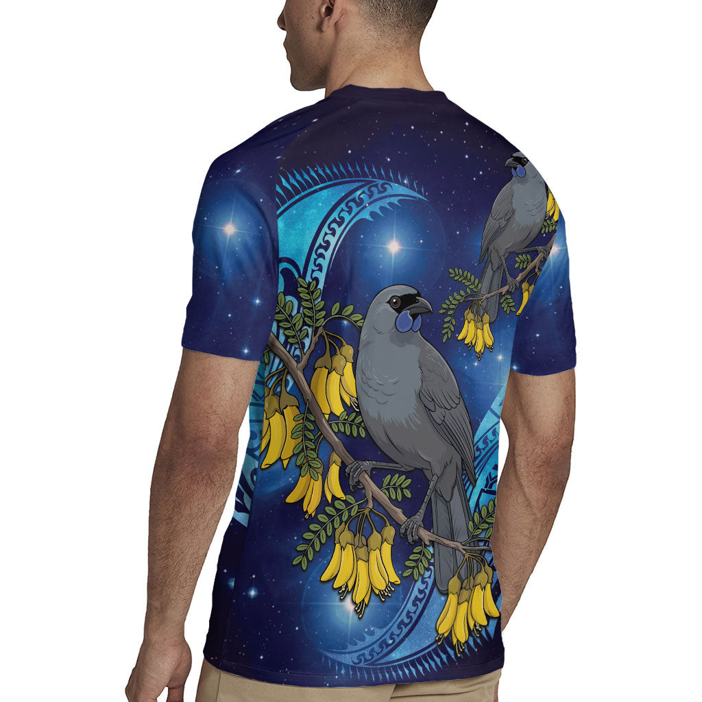 New Zealand Kokako Bird Rugby Jersey Kowhai Galaxy Style Polynesian Pattern