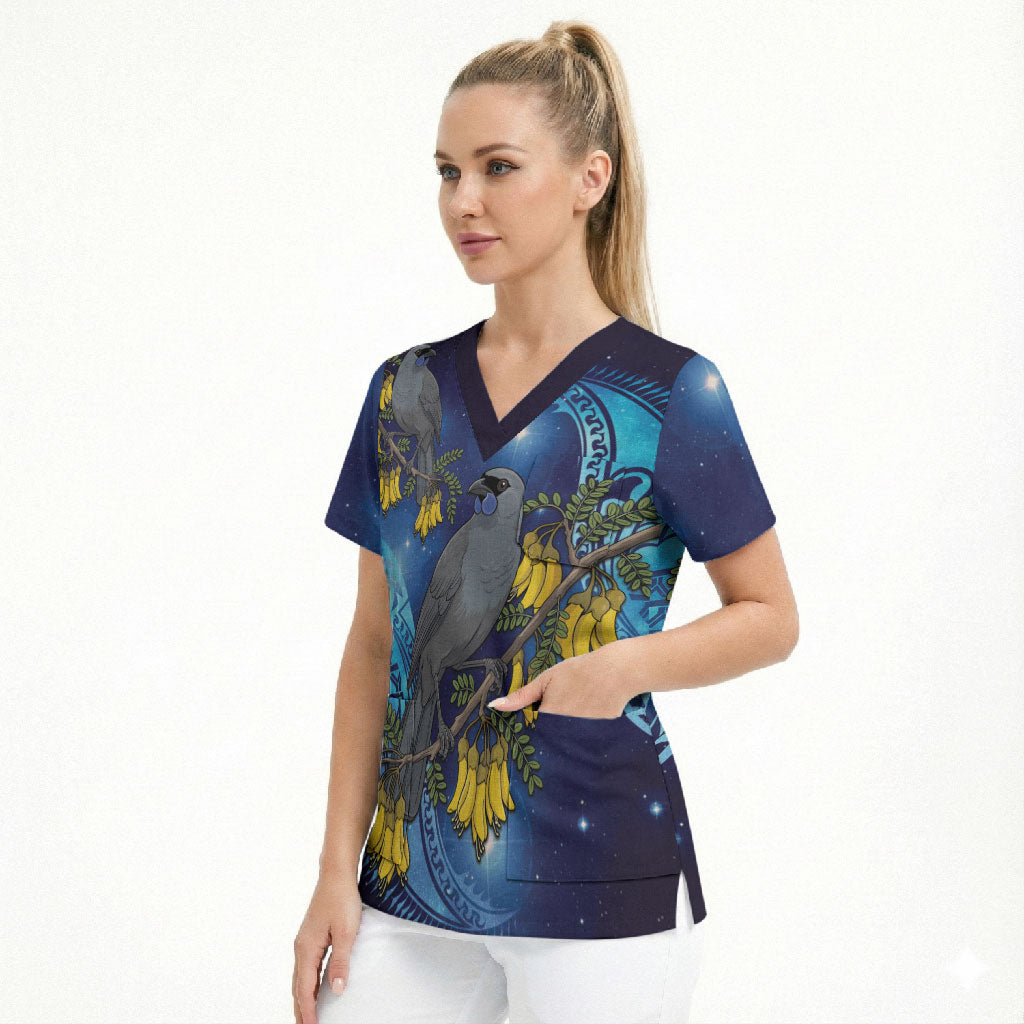 New Zealand Kokako Bird Scrub Top Kowhai Galaxy Style Polynesian Pattern