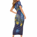 New Zealand Kokako Bird Short Sleeve Bodycon Dress Kowhai Galaxy Style Polynesian Pattern LT22