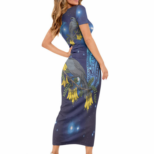 New Zealand Kokako Bird Short Sleeve Bodycon Dress Kowhai Galaxy Style Polynesian Pattern LT22