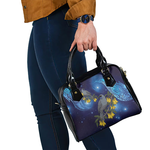 New Zealand Kokako Bird Shoulder Handbag Kowhai Galaxy Style Polynesian Pattern