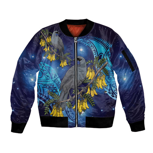 New Zealand Kokako Bird Sleeve Zip Bomber Jacket Kowhai Galaxy Style Polynesian Pattern