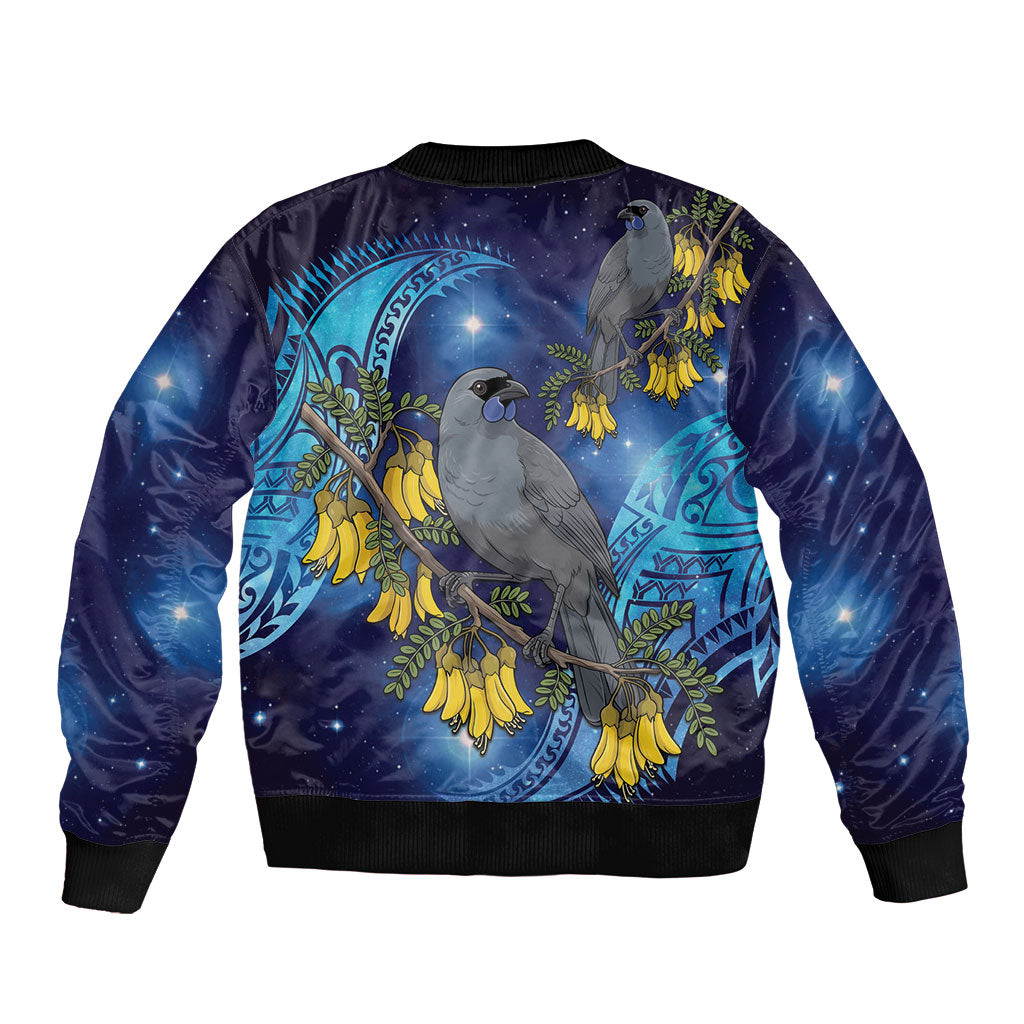 New Zealand Kokako Bird Sleeve Zip Bomber Jacket Kowhai Galaxy Style Polynesian Pattern