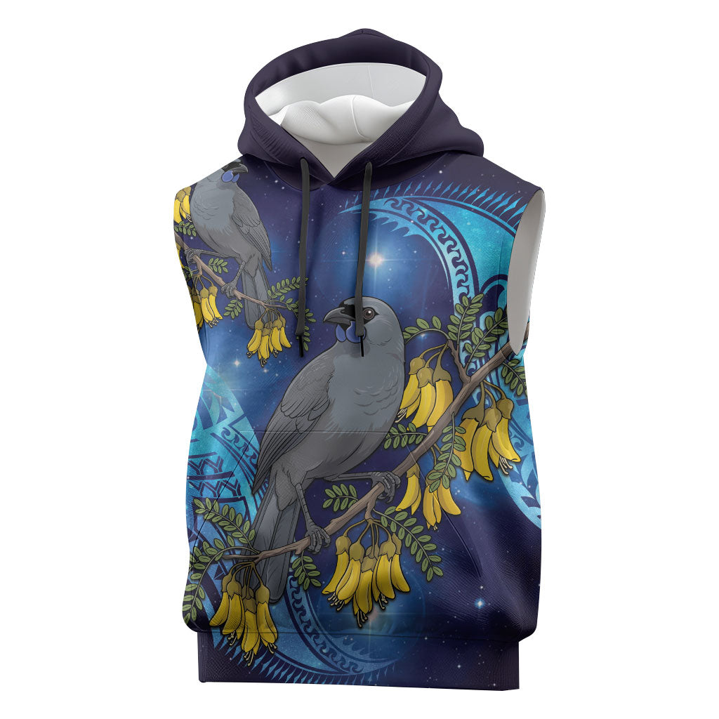 New Zealand Kokako Bird Sleeveless Hoodie Kowhai Galaxy Style Polynesian Pattern