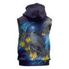 New Zealand Kokako Bird Sleeveless Hoodie Kowhai Galaxy Style Polynesian Pattern
