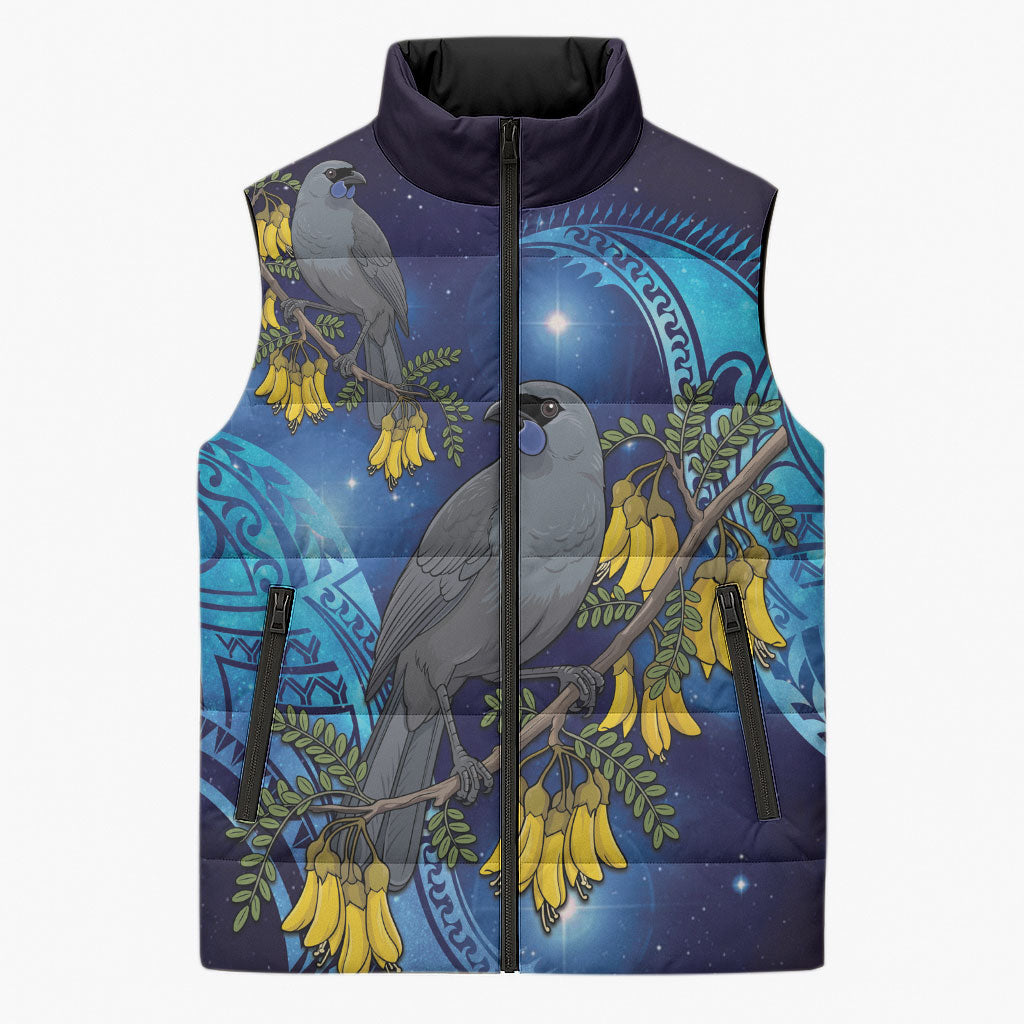 New Zealand Kokako Bird Sleeveless Puffer Jacket Kowhai Galaxy Style Polynesian Pattern