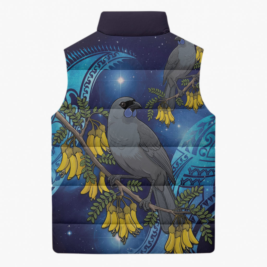 New Zealand Kokako Bird Sleeveless Puffer Jacket Kowhai Galaxy Style Polynesian Pattern