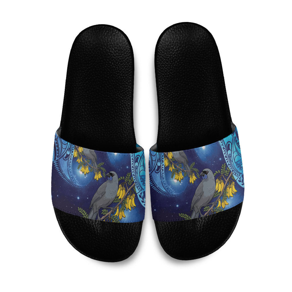 New Zealand Kokako Bird Slide Sandals Kowhai Galaxy Style Polynesian Pattern