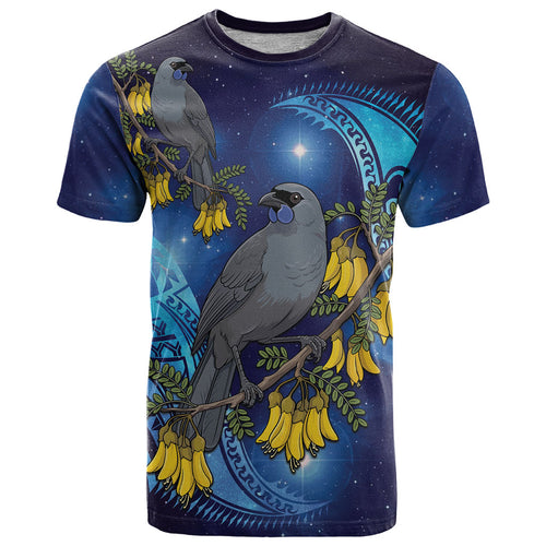 New Zealand Kokako Bird T Shirt Kowhai Galaxy Style Polynesian Pattern