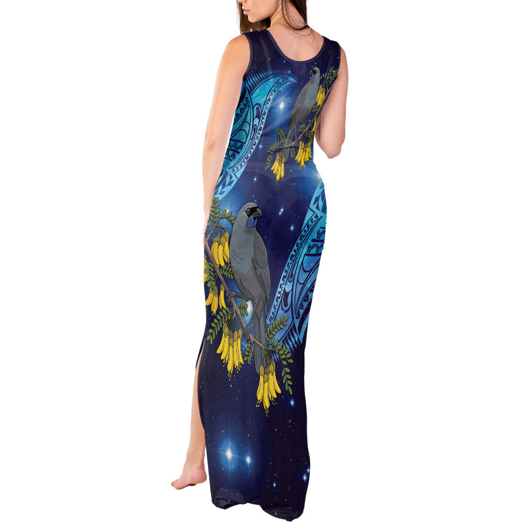 New Zealand Kokako Bird Tank Maxi Dress Kowhai Galaxy Style Polynesian Pattern
