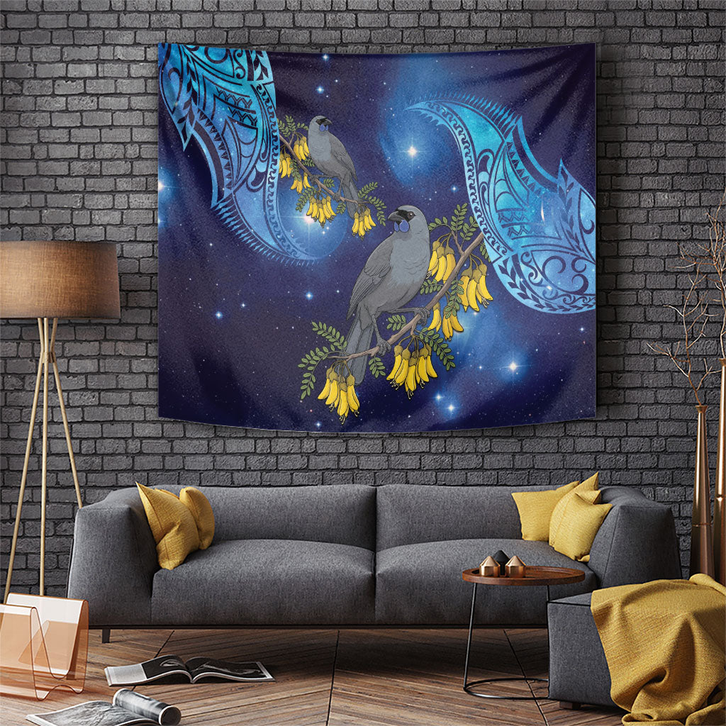 New Zealand Kokako Bird Tapestry Kowhai Galaxy Style Polynesian Pattern
