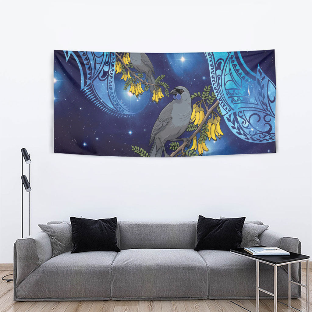 New Zealand Kokako Bird Tapestry Kowhai Galaxy Style Polynesian Pattern