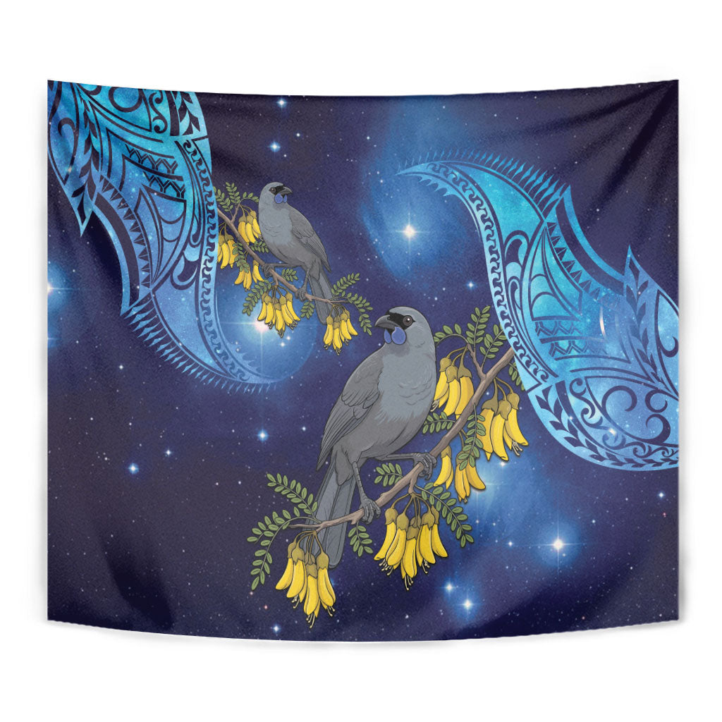 New Zealand Kokako Bird Tapestry Kowhai Galaxy Style Polynesian Pattern