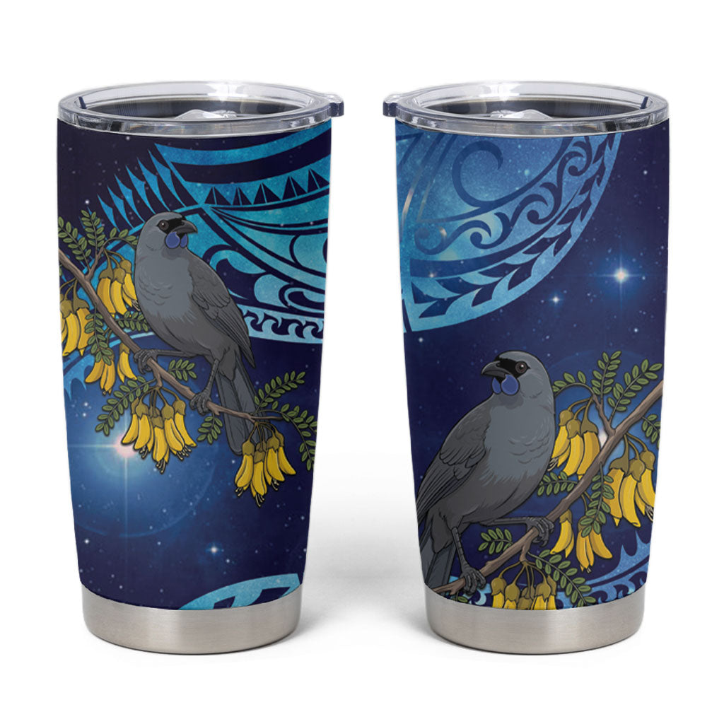 New Zealand Kokako Bird Tumbler Cup Kowhai Galaxy Style Polynesian Pattern