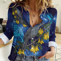 New Zealand Kokako Bird Women Casual Shirt Kowhai Galaxy Style Polynesian Pattern