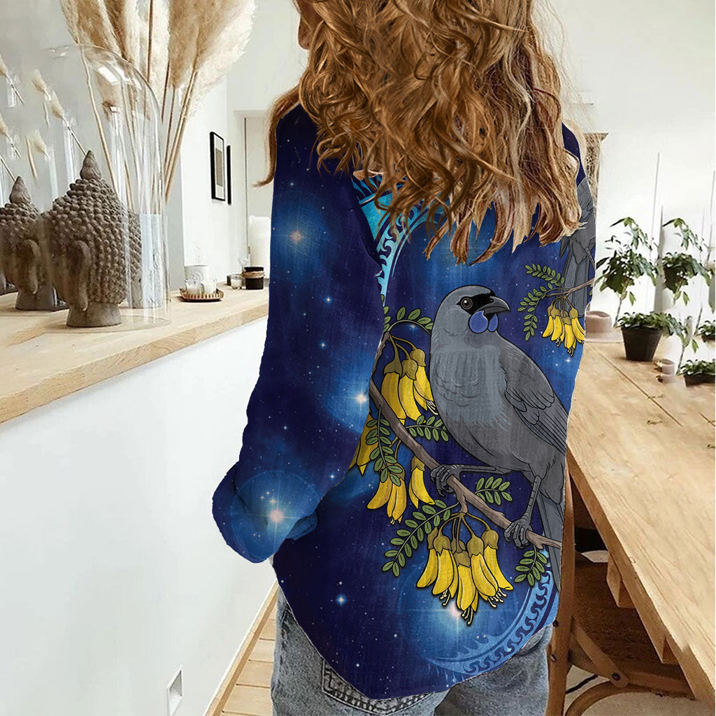 New Zealand Kokako Bird Women Casual Shirt Kowhai Galaxy Style Polynesian Pattern