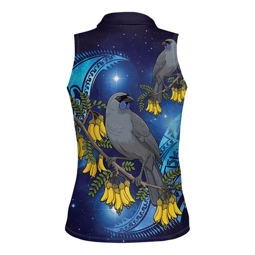 New Zealand Kokako Bird Women Sleeveless Polo Shirt Kowhai Galaxy Style Polynesian Pattern