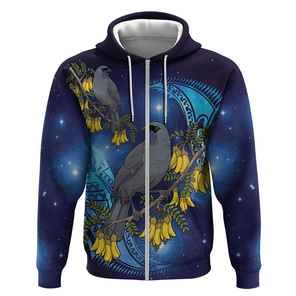 New Zealand Kokako Bird Zip Hoodie Kowhai Galaxy Style Polynesian Pattern