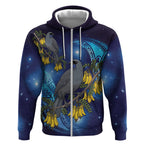 New Zealand Kokako Bird Zip Hoodie Kowhai Galaxy Style Polynesian Pattern