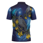 New Zealand Kokako Bird Zipper Polo Shirt Kowhai Galaxy Style Polynesian Pattern