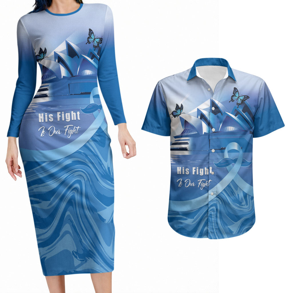 Personalised Australia Prostate Cancer Awareness Couples Matching Long Sleeve Bodycon Dress and Hawaiian Shirt Aussie Blue Ribbon Sydney Opera House