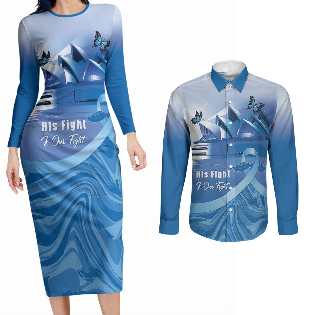 Personalised Australia Prostate Cancer Awareness Couples Matching Long Sleeve Bodycon Dress and Long Sleeve Button Shirt Aussie Blue Ribbon Sydney Opera House